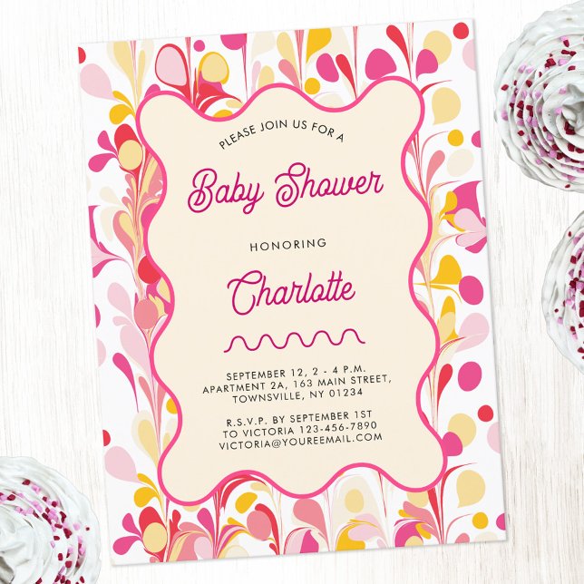 Convite para Chá de fraldas Rosa Abstrato Moderno (Modern retro pink yellow abstract wavy baby shower postcard invitation with custom personalized text)
