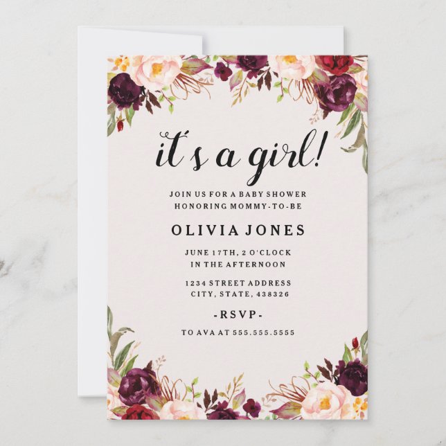 Convite para Chá de fraldas Rosa Burgundy Floral (Frente)