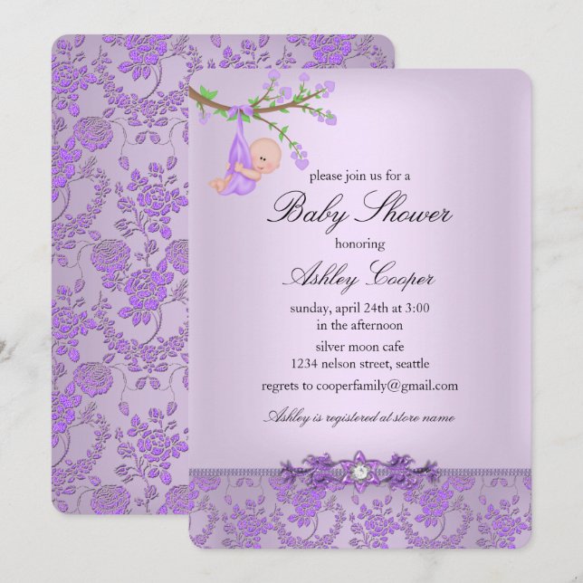 Convite para Chá de fraldas Rosa de jardim roxo (Frente/Verso)