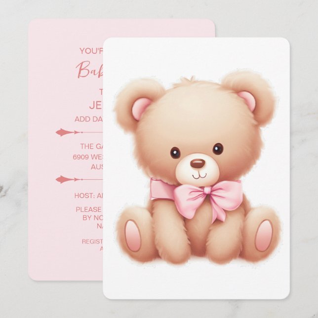 Convite para Chá de fraldas Rosa de Urso Teddy (Frente/Verso)
