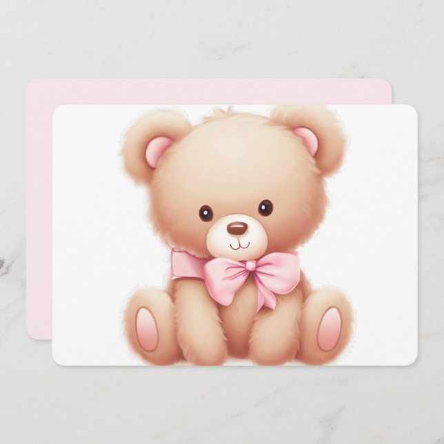 Convite para Chá de fraldas Rosa de Urso Teddy (Frente/Verso)