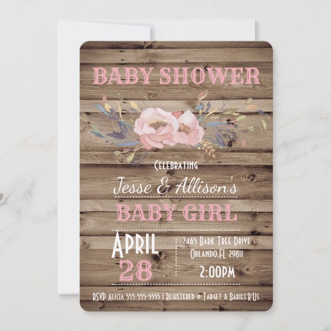 Convite para Chá de fraldas Rustic Floral Baby Gir (Frente)