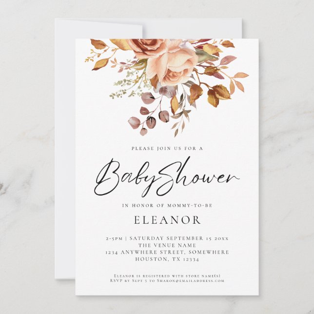 Convite para Chá de fraldas Rustic Terracotta Flor (Frente)