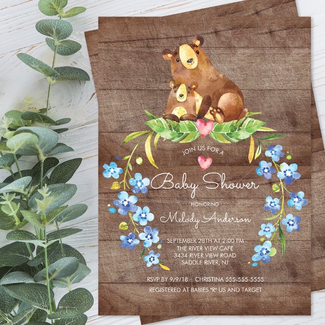 Convite para Chá de fraldas Rustic Woodland Bear (Criador carregado)