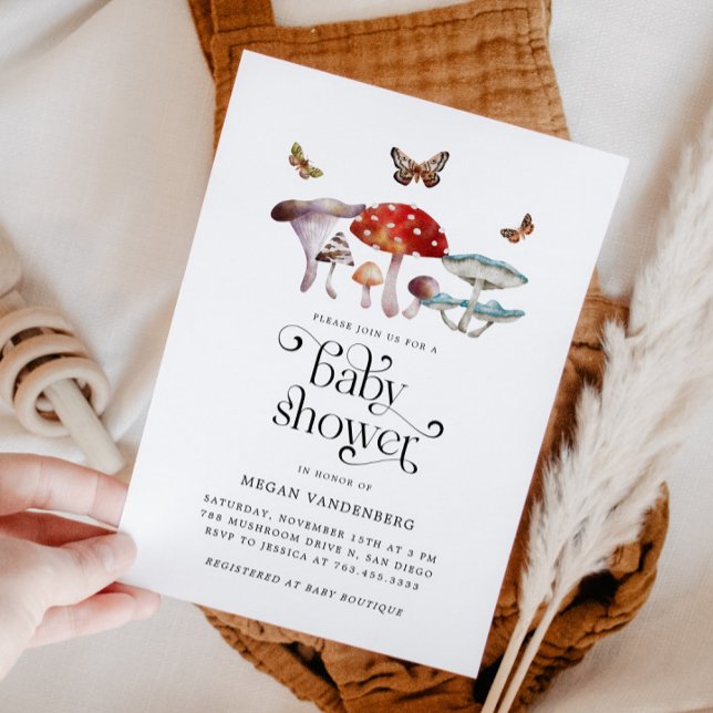 Convite para Chá de fraldas Rustic Woodland Mushro (Criador carregado)