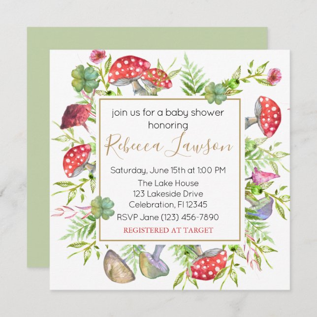Convite para Chá de fraldas Selvagem de Cogumelos (Frente/Verso)