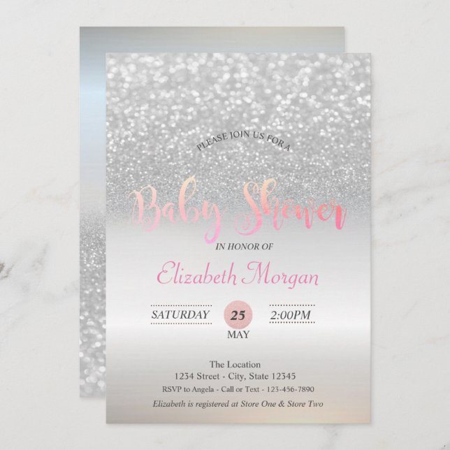 Convite para Chá de fraldas Silver Glitter Bokeh (Frente/Verso)
