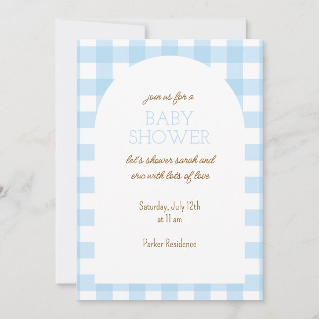 Convite para Chá de fraldas Simples Blue Gingham (Frente)