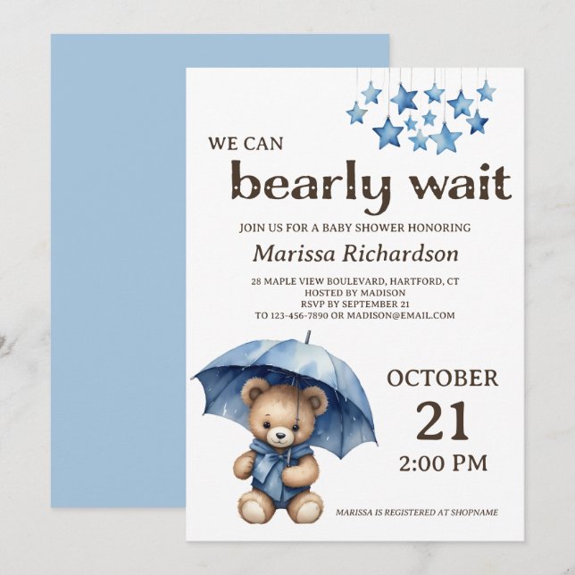 Convite para Chá de fraldas Teddy Bear Boy (Frente/Verso)