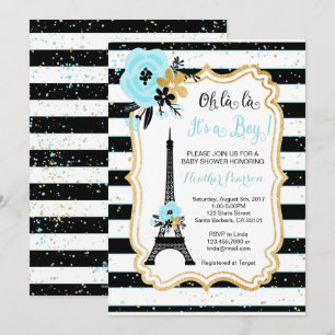 Convite para Chá de fraldas Tema de Paris - Azul