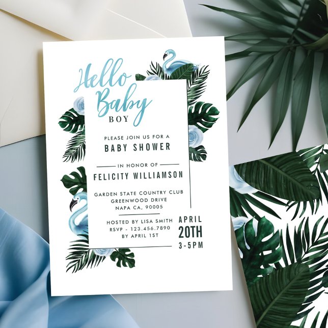 Convite para Chá de fraldas Tropical Blue Flamingo (Tropical Blue Flamingo Rose Baby Shower Invitation)