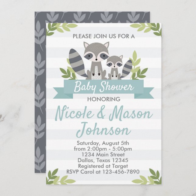 Convite para Chá de fraldas Woodland Raccoon (Frente/Verso)