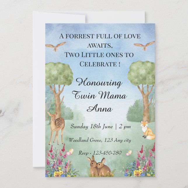 Convite para Chá de fraldas Woodland Twin (Frente)