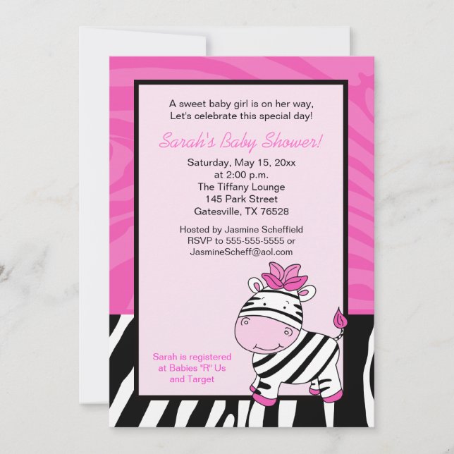 Convite para Chá de fraldas Zebra Rosa 5x7 (Frente)