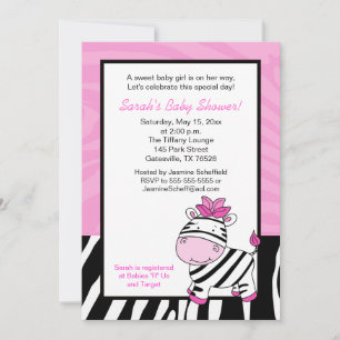 Convite para Chá de fraldas Zebra Rosa 5x7 - Rosa