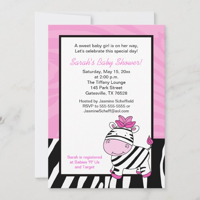 Convite para Chá de fraldas Zebra Rosa 5x7 - Rosas (Frente)