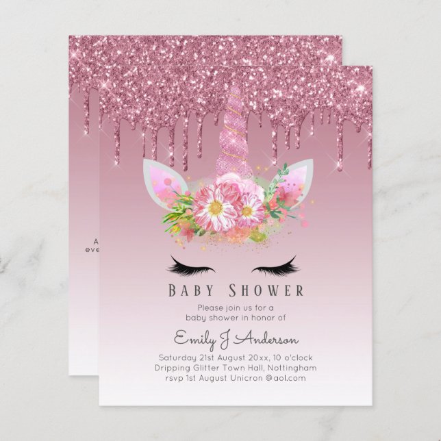 Convite para Chá de Garota do Unicórnio Glitter BU (Frente/Verso)