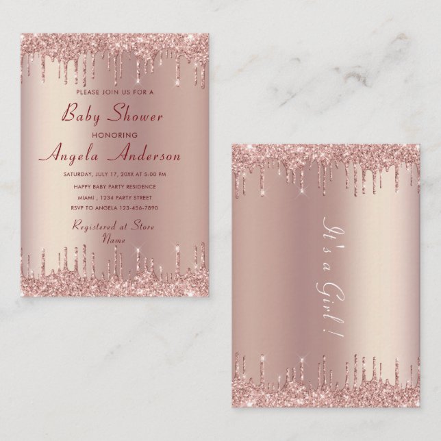 Convite para Chá de Garota Glitter Dourada rosa (Frente/Verso)