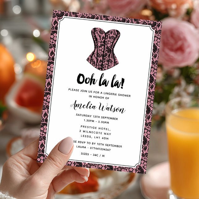 Convite para Chá de Lingerie de rendas preto e ros (Spice up the celebration 🔥 Send your invites with this sassy lingerie shower invitation.)
