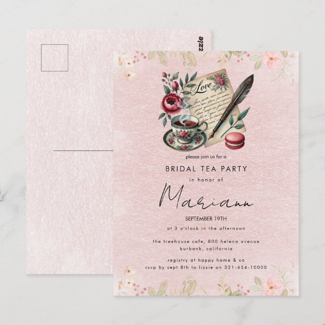 Convite para Chá de Noiva com Bule Floral para Fes (Frente/Verso)