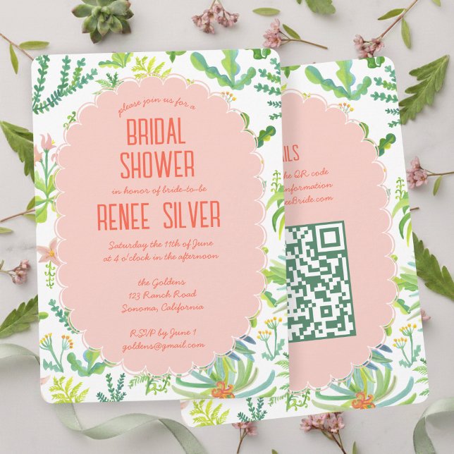 Convite para Chá de Noiva com Jardim na Selva em A (Jungle Garden Watercolor Hand-painted Pink Green Custom QR BRIDAL SHOWER Invitation
)