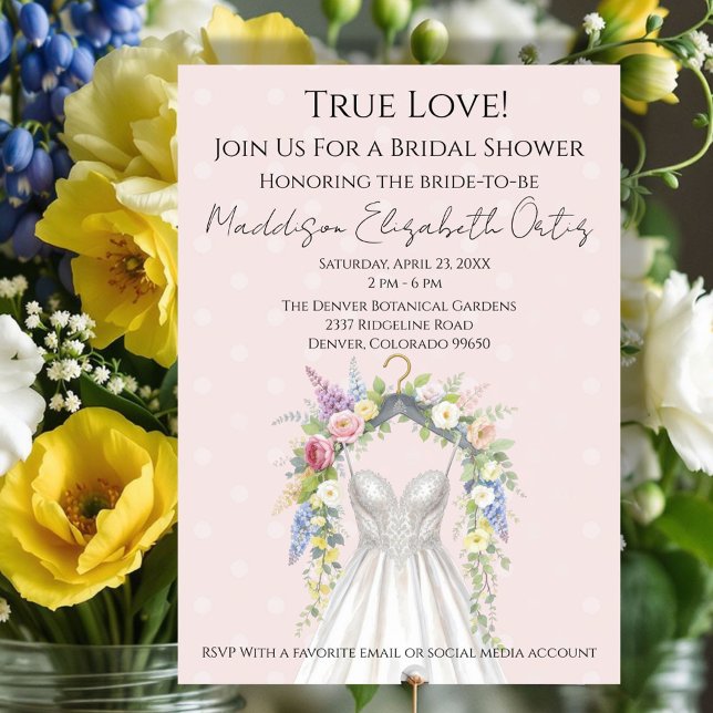 Convite para Chá de Noiva com Vestido Floral de Pr (Celebrate the bride-to-be with this elegant spring floral bridal shower design. )