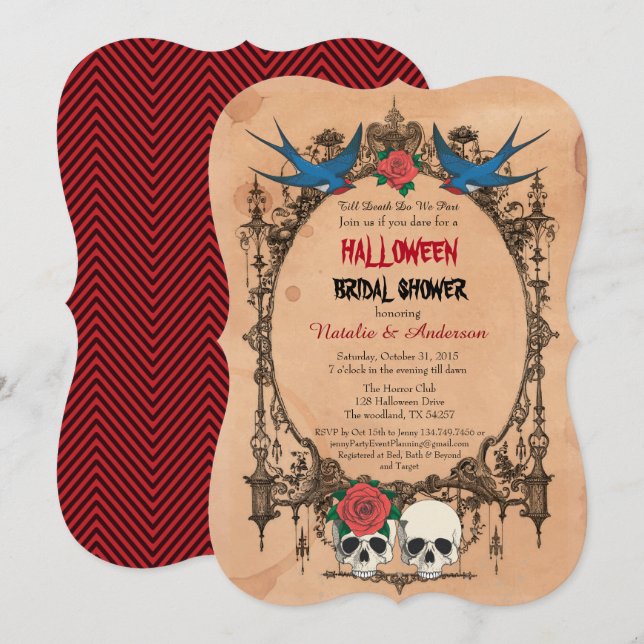 Convite para chá de noiva de Halloween. Caveiras d (Frente/Verso)