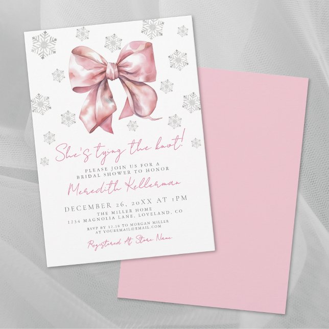 Convite para Chá de Noiva de Inverno com Laço Rosa (Pink Bow Winter Bridal Shower Invitation)