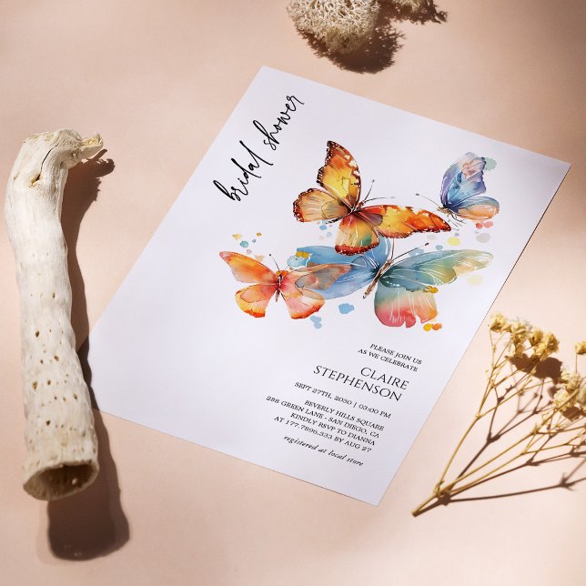 Convite para Chá de panela de Borboleta de Aquarel (Personalized Elegant Watercolor Butterfly Bridal Shower Invite)