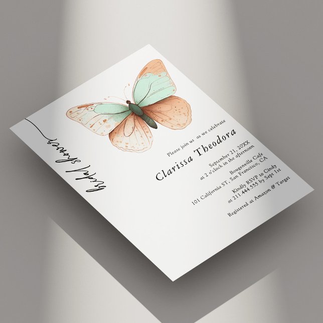 Convite para Chá de panela de borboleta Pastel min (Minimalist Pastel Butterfly Bridal Shower Invite Personaliized)