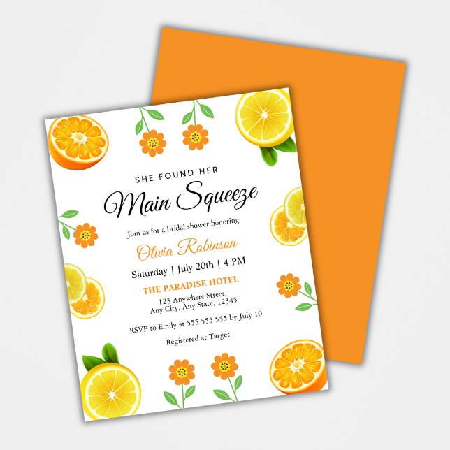 Convite para Chá de panela de Citros de Expressão  (Budget Main Squeeze Citrus Summer Lemon Bridal Shower Invitation )
