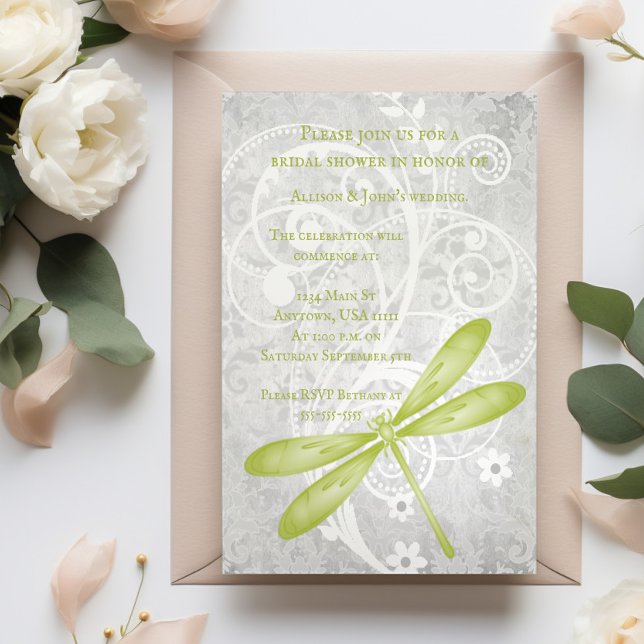 Convite para Chá de panela de Dragonfly Verde (Green Dragonfly Bridal Shower Invitation)