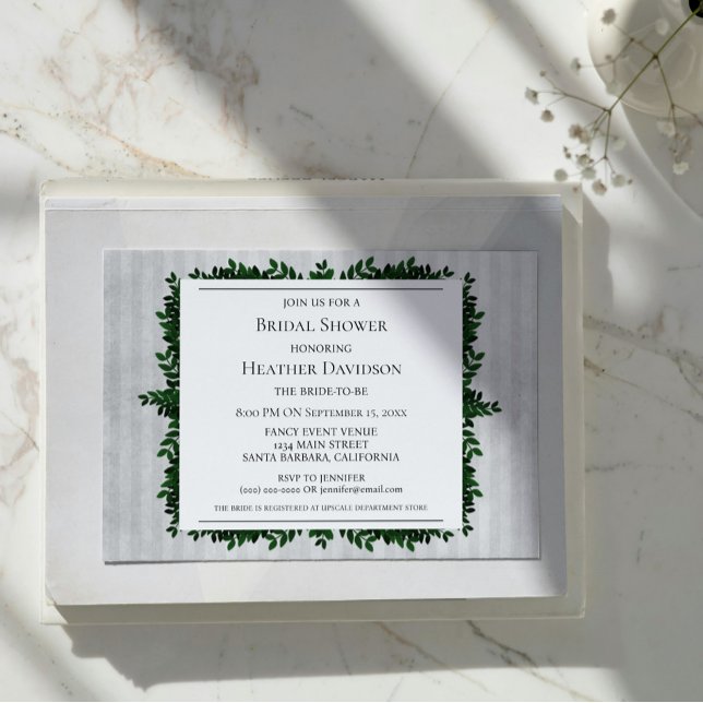 Convite para Chá de panela de Folhagem com Faixa d (Gray Vintage Striped Foliage Bridal Shower Invite)