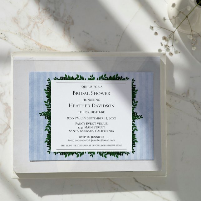 Convite para Chá de panela de Folhagem com Faixas  (Blue Vintage Striped Foliage Bridal Shower Invite)