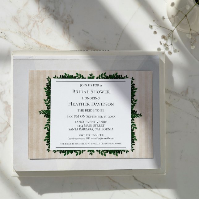 Convite para Chá de panela de Folhagem em Escala d (Beige Vintage Striped Foliage Bridal Shower Invite)