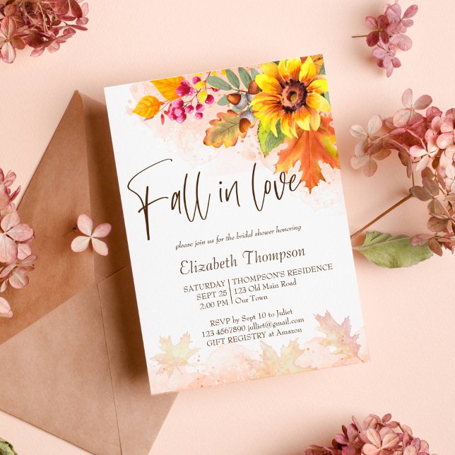 Convite para chá de panela de folhagem no outono (Fall in love autumn foliage watercolor sunflower bridal shower invitation template instant download)