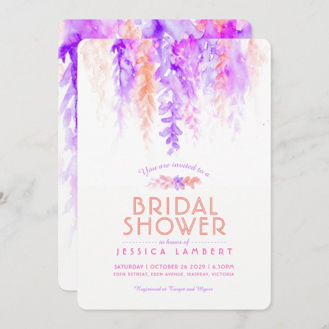 Convite para chá de panela de laranja roxo com aqu (Frente/Verso)