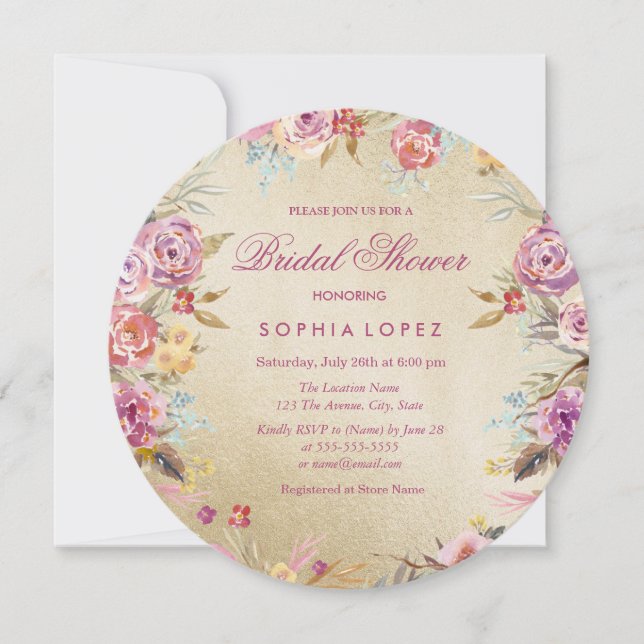 Convite para Chá de panela Dourado de País Floral  (Frente)