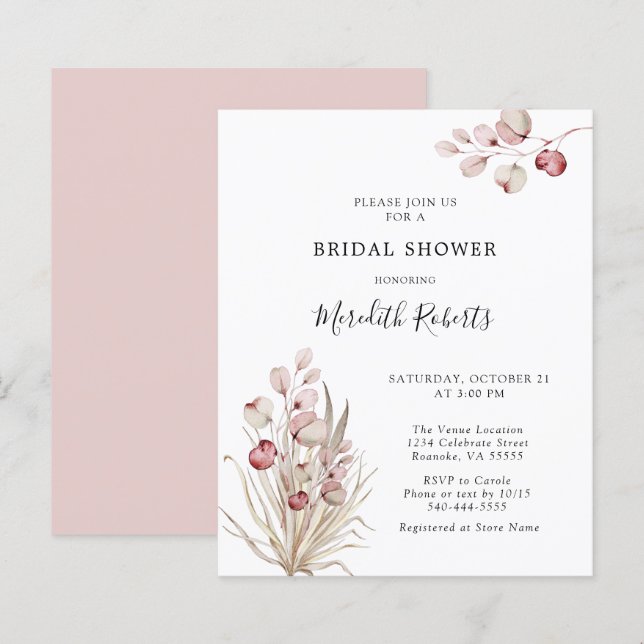 Convite para Chá de panela Eucalyptus Palm, Rosa D (Frente/Verso)