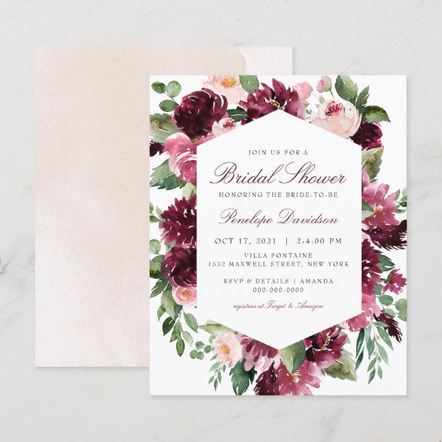 Convite para Chá de panela Floral de Blush de Bord (Frente/Verso)