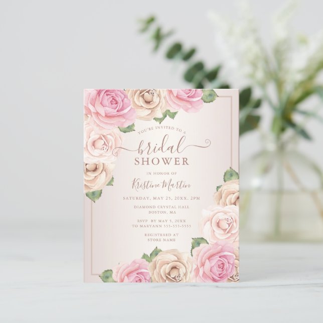 Convite para Chá de panela Floral de Rosa de Aquar (Em pé/Frente)