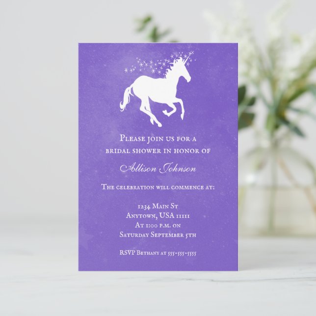 Convite para Chá de panela Roxo Unicorn (Em pé/Frente)
