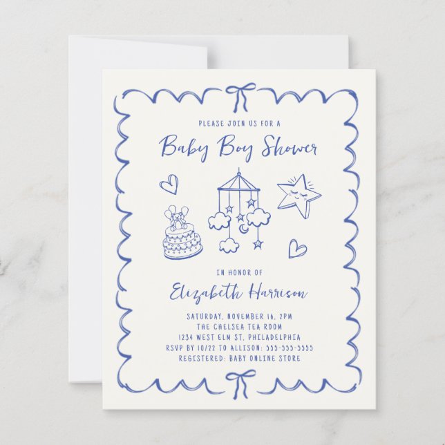 Convite para Chá do Baby Boy Wavy Frame Frame de O (Frente)