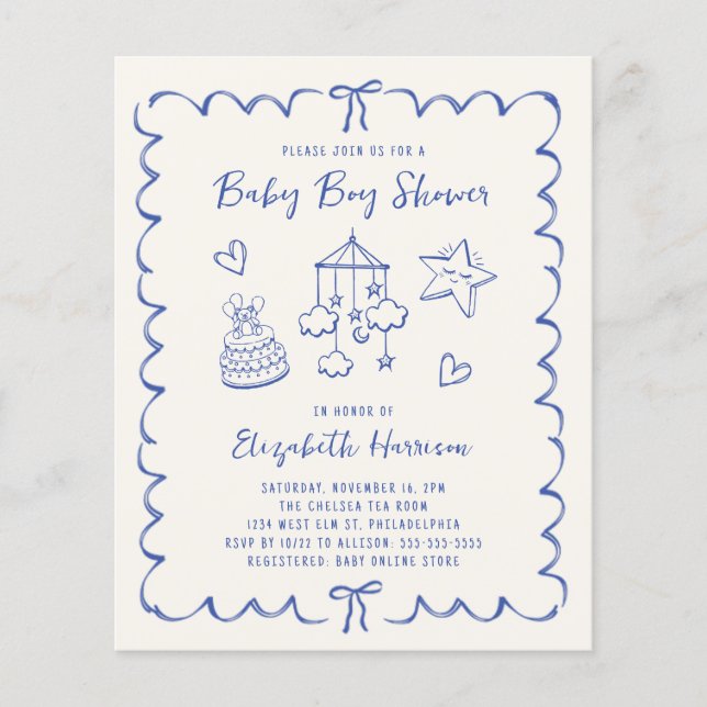 Convite para Chá do Baby Boy Wavy Frame Frame de O (Frente)