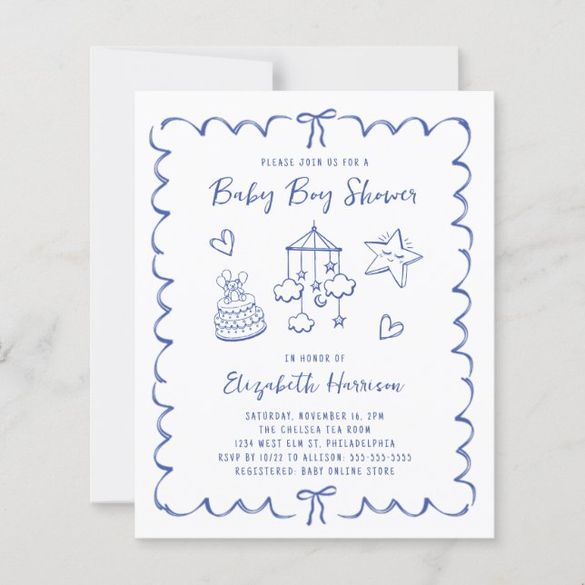 Convite para Chá do Baby Boy Wavy Frame Frame de O (Frente)