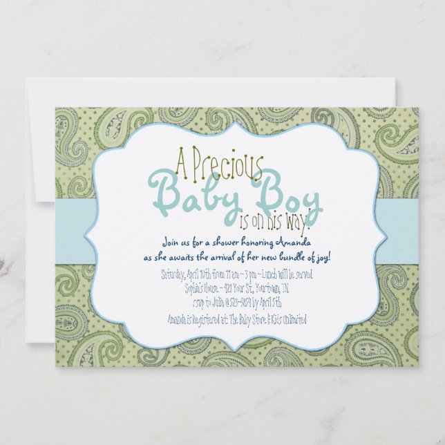 Convite para Chá do Green Paisley Baby Boy (Frente)