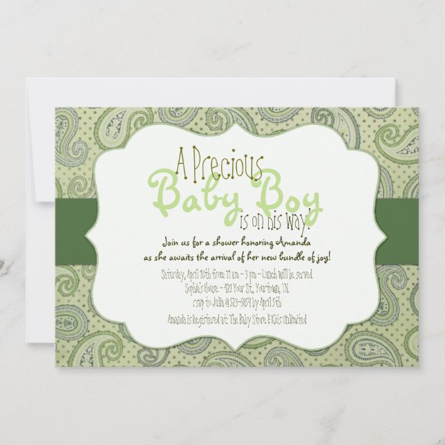 Convite para Chá do Green Paisley Baby Boy (Frente)
