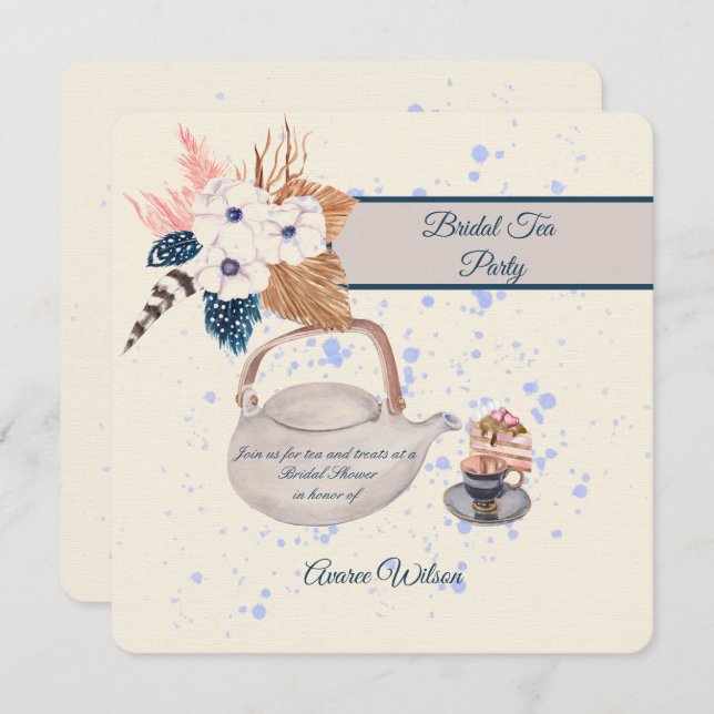 Convite para Chá do marinho e Coral Bridal Tea Par (Frente/Verso)