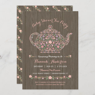 Convite para Chá Elegante Woodland Teapot Baby Gir