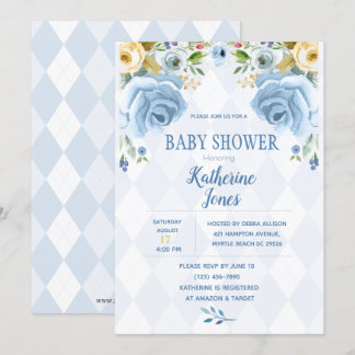 Convite para Chá Floral Blue Diamond Baby Boy
